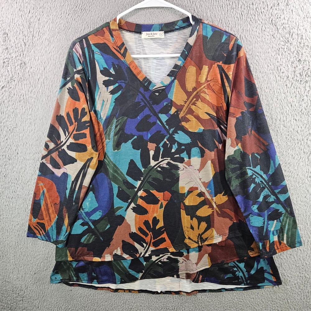 Jess & Jane Rainforest Top Womens Large V-Neck 3/4 Sleeve Tropical Leaf